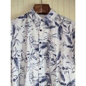 Jogal Shirt Mens Large White Blue Tropical Floral Button Short Sleeve Cotton